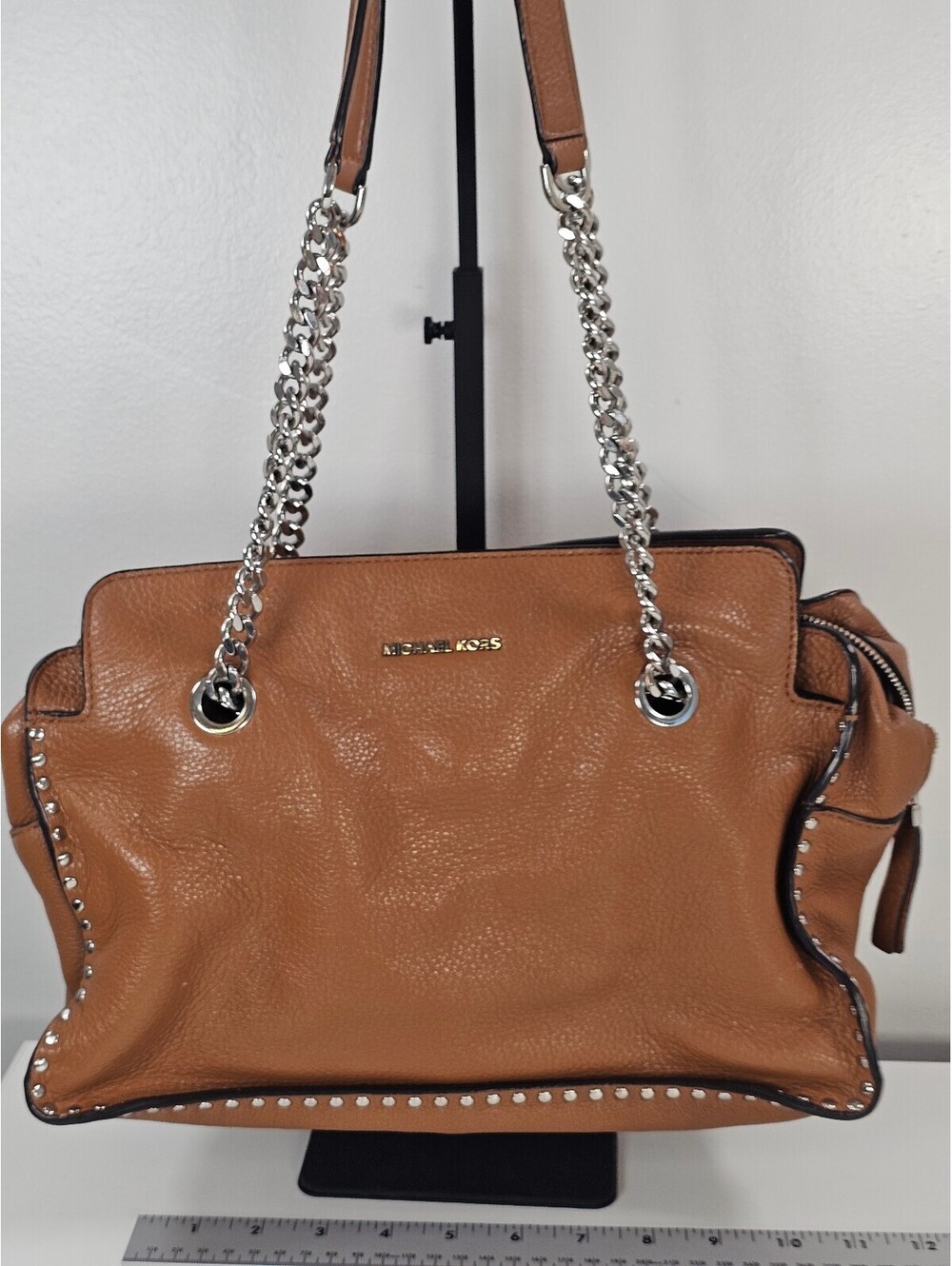 Michael Kors Tan Leather Shoulder Bag with Silver Chain Straps and Stud Detials